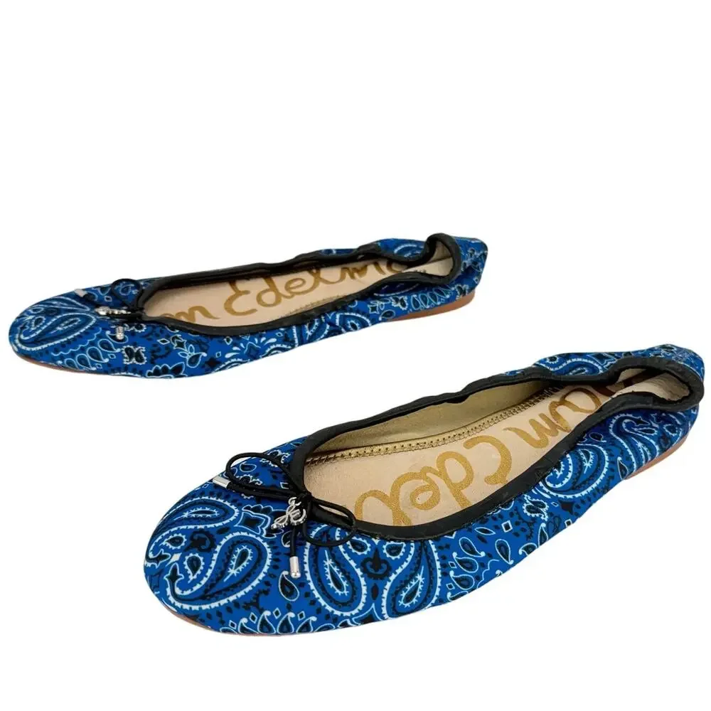 Sam Edelman Felicia Blue Paisley Fabric Leather Bow Ballet‎ Flats Sz 7.5